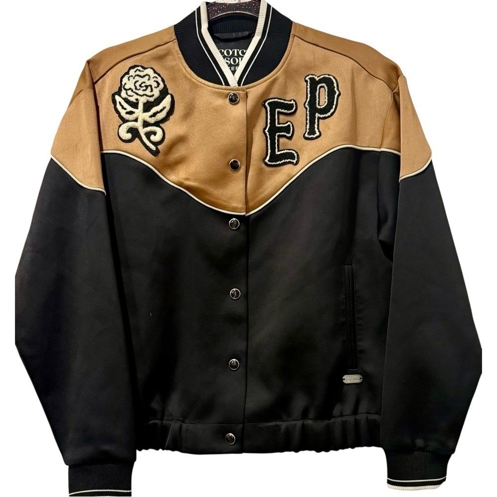 Elvis Presley Scotch & Soda Tribute Varsity Bomber Jacket Black Gold Patches XS